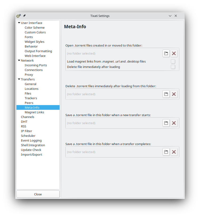 Settings Transfers Metadata Tixati
